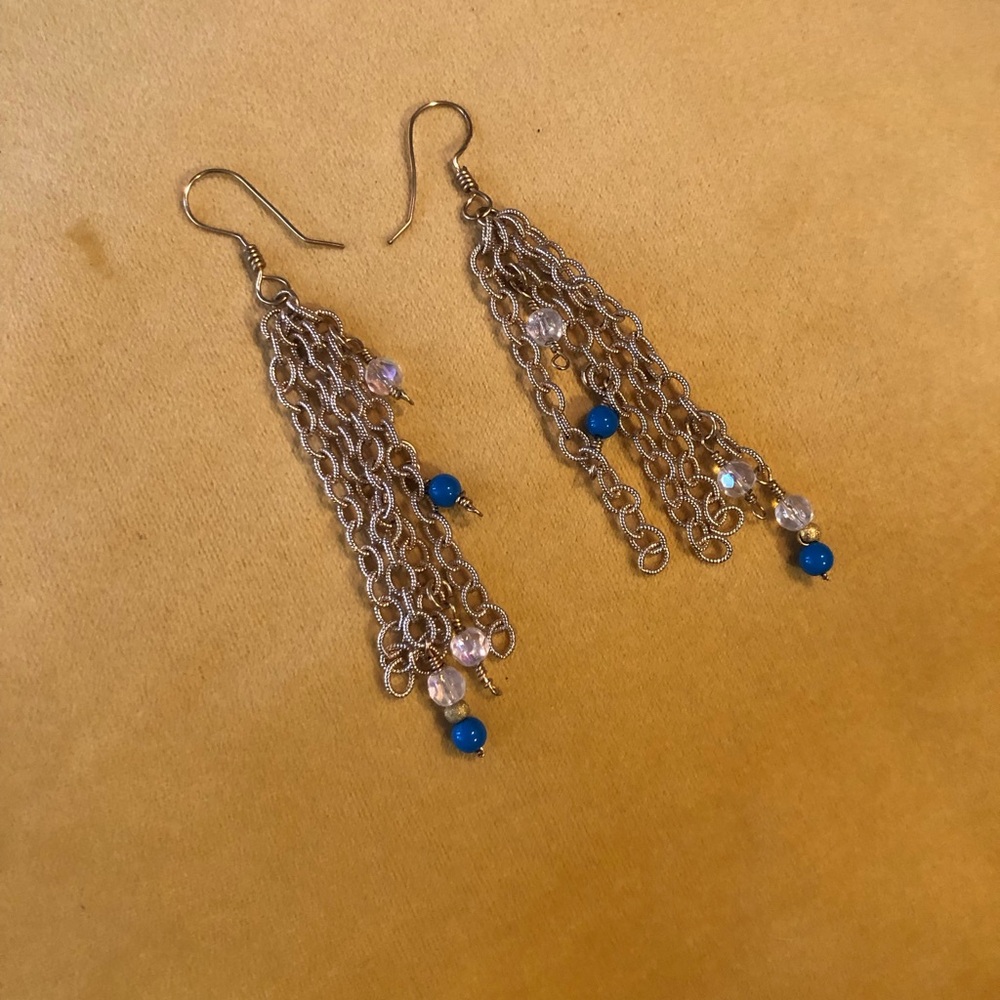 Textured Chain Tassel Earrings Blue Iridescent Round Beads Statement Jewelry